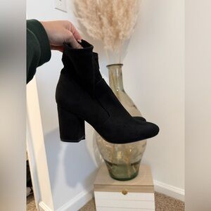 Madden Girl Black Suede Sock Heel Boots, Size 6.5